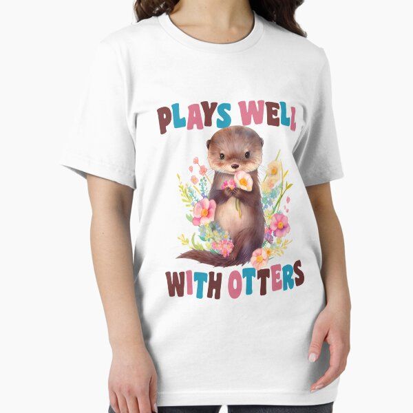 Plays Well With Otters Funny Otter Lover Pun Cute Watercolor Otter With Flowers